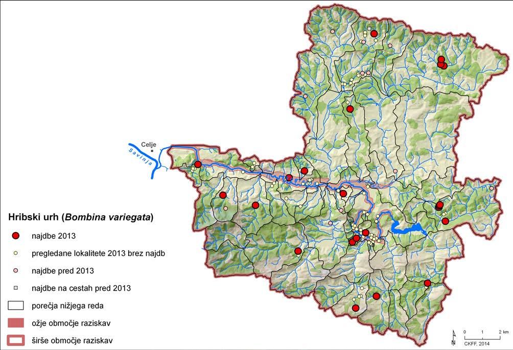 240 Slika 10.9. Najdbe hribskega urha (Bombina variegata) na širšem območju raziskav pred letom 2013 ter vzorčna mesta in najdbe v letih 2013 2014.