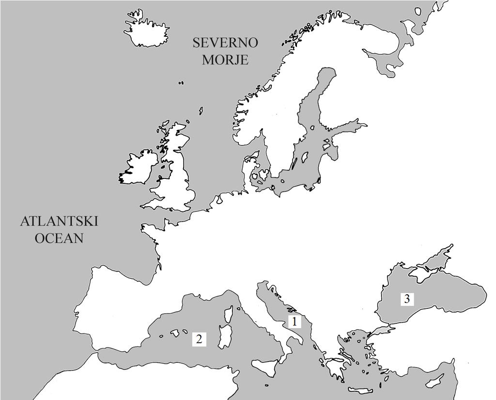 8. Oglej si zemljevid na sliki 1 in reši nalogo. Slika 1: Zemljevid Evrope (Vir: Evropa. Zemljepis za 6. razred. 1996. Ljubljana, DZS.