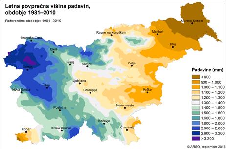 Slika 15: Letna povprečna višina padavin v obdobju 1981 2010. Le kje ima dež»ta mlade«? Tudi v Sloveniji so najbolj namočena območja gorska območja.
