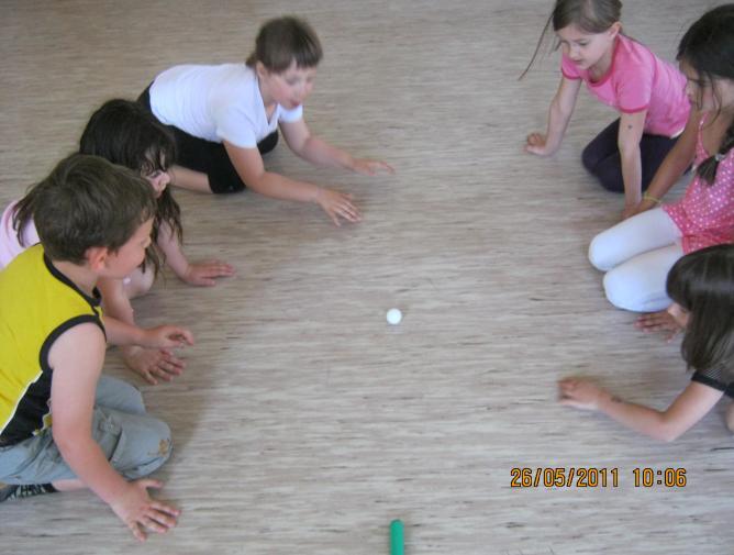 Igre in vaje v zaključnem delu vadbene enote Igra 1: Dajmo pihat! Na tleh označimo prostor. V sredino prostora postavimo ţogico za namizni tenis.