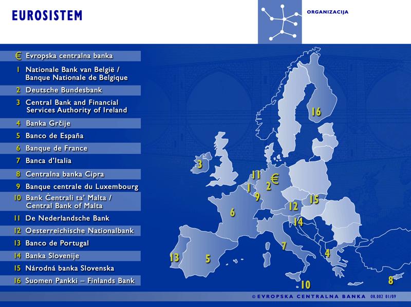 8 Slika 2: Države v Evrosistemu Vir: ECB, 2009. Slika 2 predstavlja države, ki so v Evrosistemu, ta se nanaša na ECB in državne banke držav članic, ki so uvedle evro.