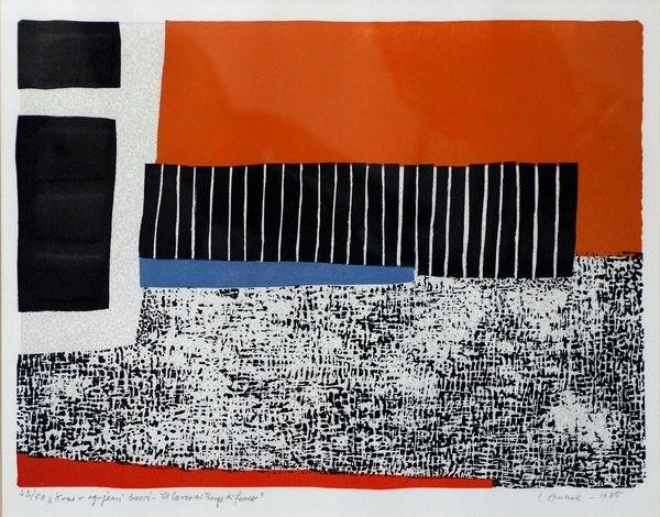 Slika 21: Lojze Spacal: Prisotnost časa, barvni lesorez, 1983, 30 x 22 cm V začetku petdesetih let sta svojo grafično pot v lesu iskala tudi umetnika Riko Debeljak in Marija Pregelj.