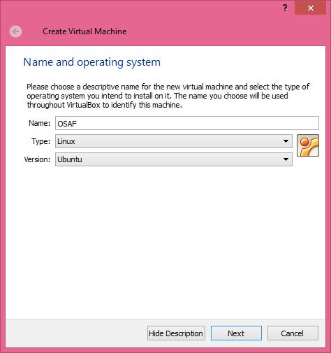 Slika 4.5: VirtualBox: Name and operating system Vir: Kraljič, lastni prikaz (2014) Na naslednjem meniju določimo velikost delovnega pomnilnika in kot je razvidno s slike 4.