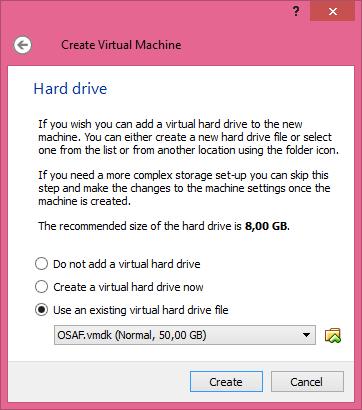 Slika 4.7: VirtualBox: Hard drive Vir: Kraljič, lastni prikaz (2014) S tem smo vnesli potrebne nastavitve. Iz menija programa VirtualBox izberemo še bliţnjico 'OSAF' in izberemo 'Start'.