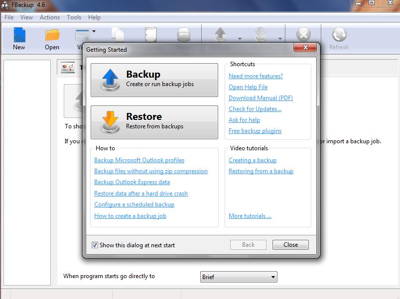 Po uspešni namestitvi in zagonu izgleda okno programa tako: Slika 3: Zagon programa FBackup V oknu»getting Started«imamo na voljo dve izbiri oziroma gumba, in sicer: izdelaj varnostno kopijo (ang.