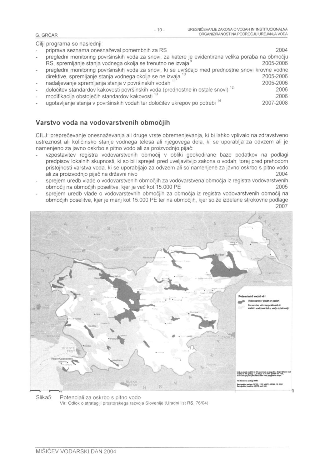 G. GRČAR - 10- URESNiČEVANJE ZAKONA O VODAH IN INSTITUCIONALNA ORGANIZIRANOST NA PODRočJU UREJANJA VODA Cilji programa so naslednji: priprava seznama onesnaževal pomembnih za RS 2004 pregledni