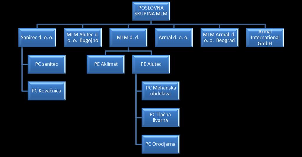 Slika 1: Organizacijska struktura poslovne skupine MLM Proizvode Aluteca lahko v splošnem razdelimo na proizvode iz tlačne livarne in proizvode iz orodjarne.