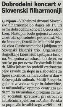 Dnevnik Naslov: Dobrodelni koncert v Slovenski filharmoniji Datum: 14.03.