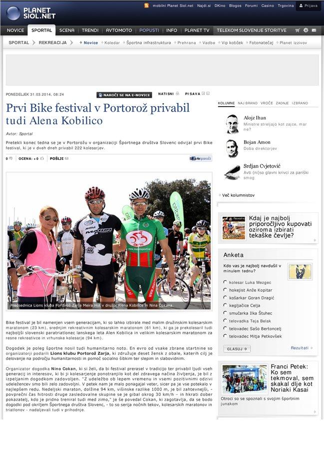 31.3.2014 www.siol.net Stran/Termin: Prvi Bike festival v Portorož privabil tudi Alena Kobilico Sportal Rubrika/Oddaja: Žanr: SPLETNI ČLANEK Površina/Trajanje: 3.097,50 Naklada: http://www.siol.net/sportal/rekreacija/novice/2014/03/prvi_bike_festival_v_portoroz_privabil_tudi_alena_kobilico.