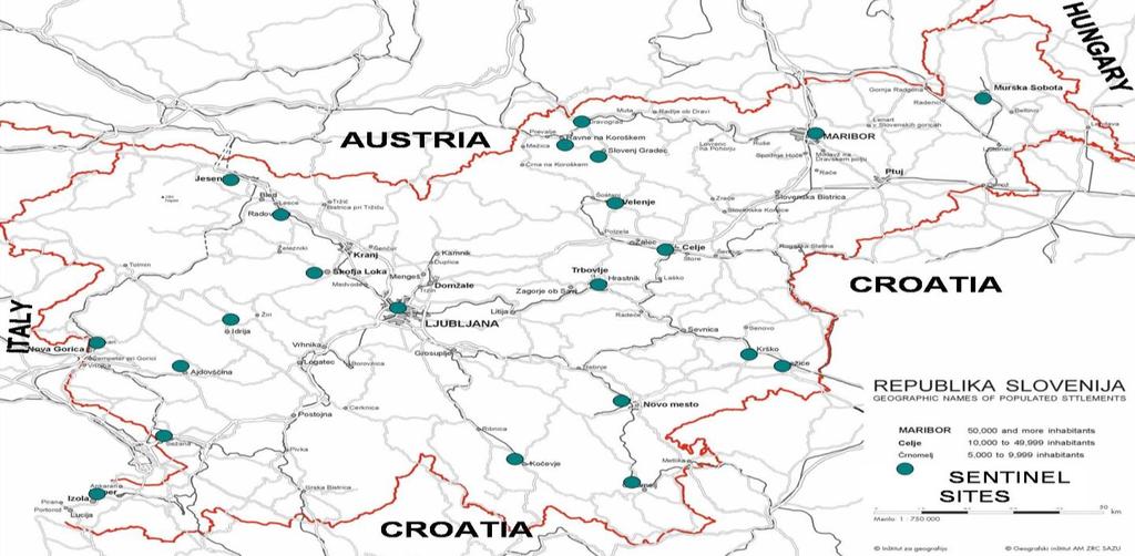 Slika 2 Razporeditev ambulant osnovnega zdravstvenega varstva, ki tedensko poročajo o številu obiskov zaradi akutnih okužb dihal in gripi podobne bolezni v Sloveniji.
