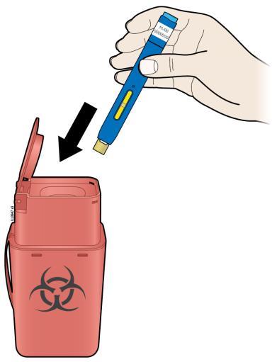 4. korak: Zaključek K. Uporabljeni napolnjeni injekcijski peresnik in rumeni pokrovček igle odvrzite.
