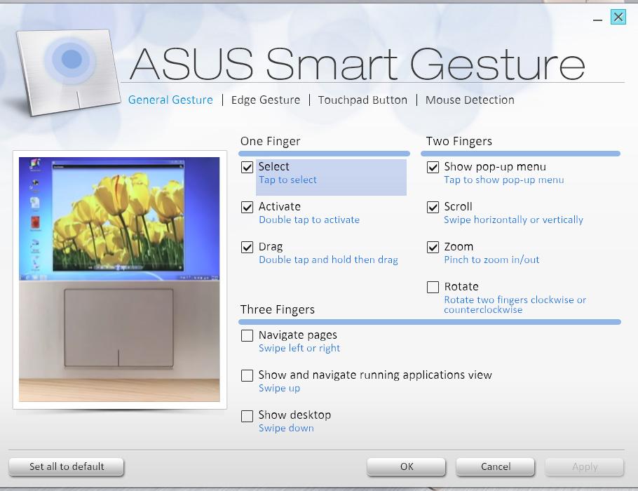 3. V oknu ASUS Smart Gesture označite poteze, ki jih želite omogočiti pod možnostjo Trije prsti. 4.