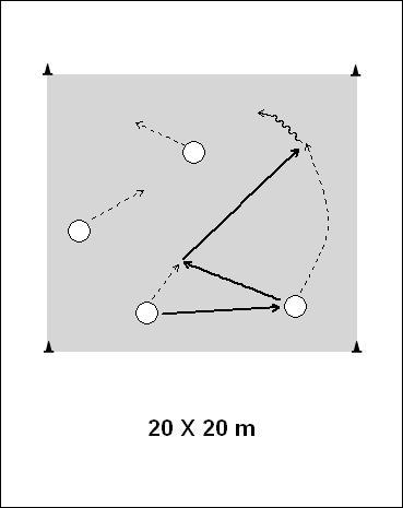B) IGRALNA SITUACIJA (osnovna skupinska taktika): igra 4 : 0 ali 4 : 4, dvojna podaja in podaja v prostor, 3 dotiki, igralno polje 20 x 20 m - V primeru igre 4 : 4 so obrambni igralci prvotno pasivni