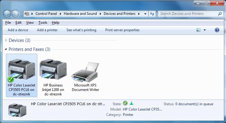 Da se tiskalnika res nahajata na računalniku, se lahko prepričamo s pomočjo slike 43: Slika 43: Dodeljena tiskalnika na odjemalskem računalniku (Vir: Lastni) Kot že rečeno je tiskalnik HP Color