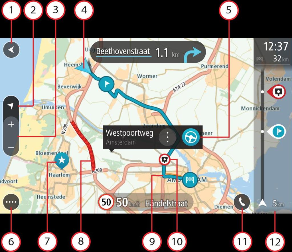 Kaj je na zaslonu Pogled zemljevida Pogled zemljevida je prikazan, ko nimate načrtovanih poti. Trenutna lokacija se prikaže takoj, ko naprava VIA določi vašo lokacijo GPS.