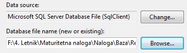 Za podatkovni vir smo izbrali Microsoft SQL Server podatkovno datoteko in nato navedli pod do datoteke, kjer se baza podatkov nahaja.