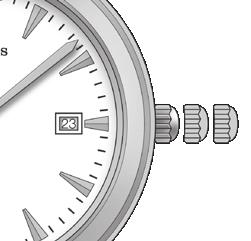 NASTAVITEV ČASA SPLOŠNE INFORMACIJE 387 Model z urnim in minutnim kazalcem Krona z dvema položajema Model z urnim in minutnim kazalcem ter datumom Krona s tremi položaji Velja za vse ure, ki niso