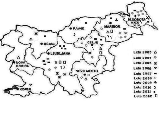 Slika 35 Regijska porazdelitev prijavljenih primerov leptospiroze, Slovenija, 2003-2012 Leptospiroza je redka bolezen v državah EU.