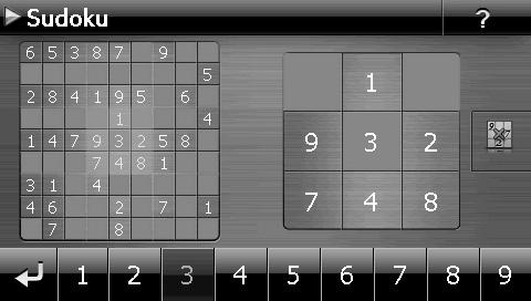 Sudoku Pregled igralnega polja Opis gumbov Tipka Opis Vrstica za vnos številk Seznam za izbiro želenih številk v številskih poljih.