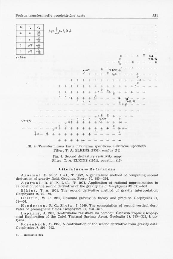 SI. 4. Transformirana karta navidezne specifične električne upornosti Filter: T. A. ELKINS (1951), enačba (13) Fig. 4. Second derivative resistivity map Filter: T. A. ELKINS (1951), equation (13) Literatura References Agarwal, B.
