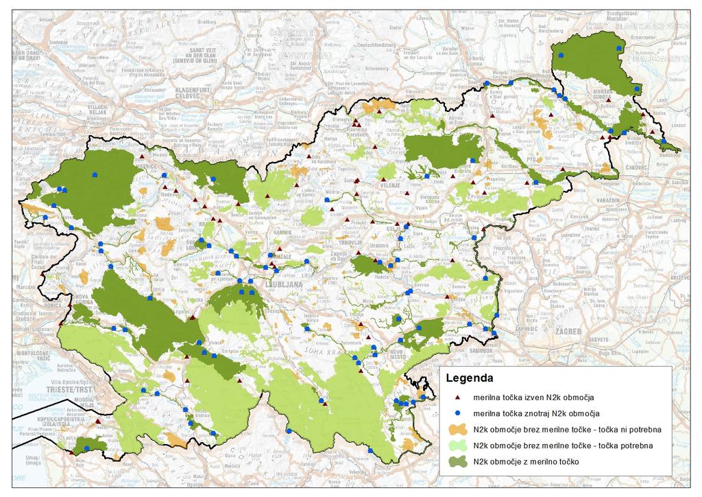 49 Slika 3. Natura 2000 območja z in brez merilne točke za spremljanje ekološkega stanja rek. Vir pregledne karte: GURS. Figure 3.