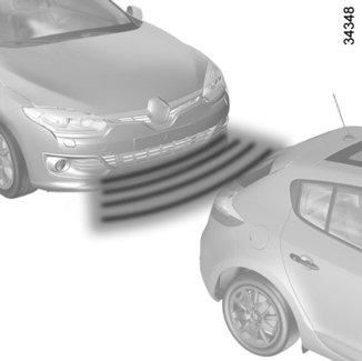 SISTEM ZA POMOČ PRI PARKIRANJU (1/3) Princip delovanja Ultrazvočni senzorji, ki so glede na vozilo nameščeni v prednjem in/ali zadnjem odbijaču vozila, merijo razdaljo med vozilom in oviro.