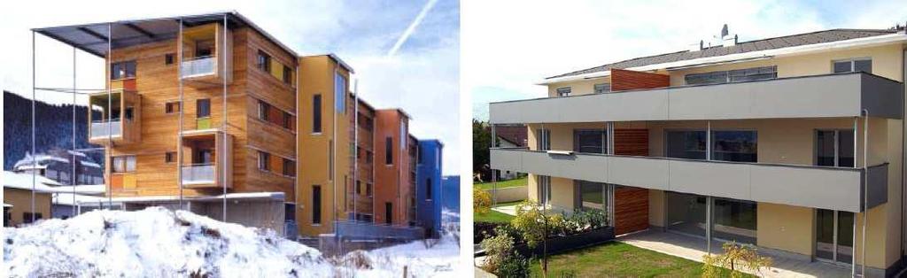 Slika 20: Večnadstropni stavbi z nosilno konstrukcijo iz križno lepljenih lesenih KLH plošč (levo 4-etažni stanovanjski blok v Avstriji in desno 3-etažni v Liechtensteinu Vir:»Gradnja z