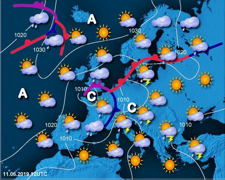Splošna vremenska slika Enajstega junija je na sprednji strani odcepljene višinske doline z vremensko fronto, ki je vztrajala nad zahodno Evropo, v višinah k nam iznad Sredozemlja pritekal topel in