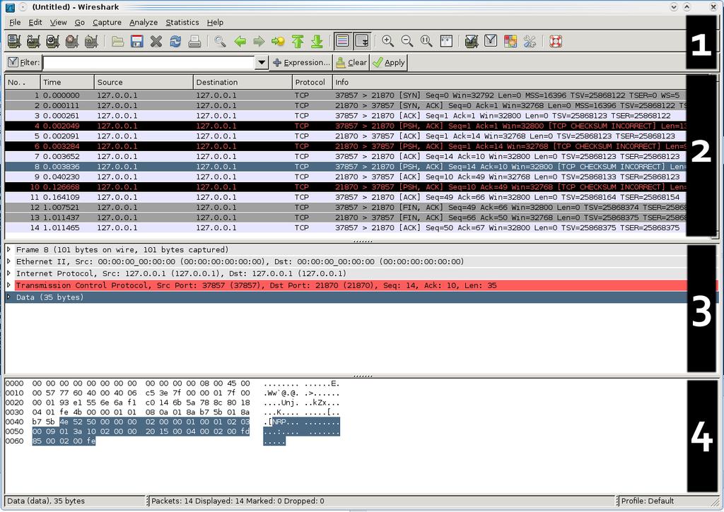 Slika 2: Primer okna Wireshark z vertikalno označenimi zavihki.