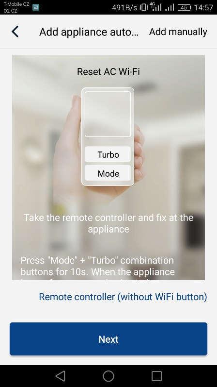 Če imate daljinski upravljalnik brez gumba»wifi«, izberite drugo možnost (»Remote controller