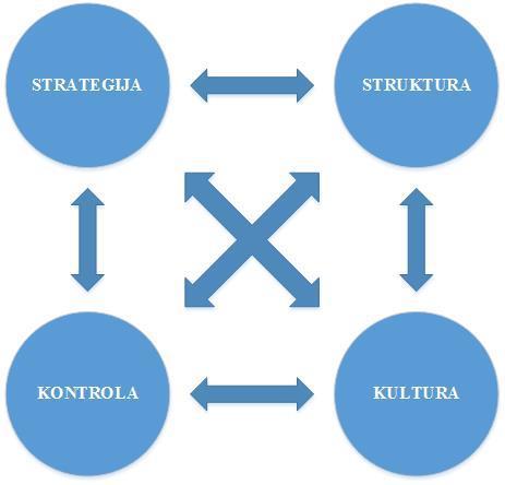 Slika 7: Šestdimenzionalni model medsebojnih odnosov med strategijo, strukturo, kontrolo in kulturo Vir: G. H. Hofstede, Cultures consequences, 2001.