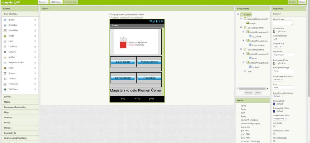 Slika 4: Začetna stran urejanja aplikacije Na levi strani se nam odprejo različne možnosti uporabniških vmesnikov.