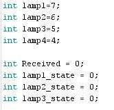 začetku Arduino IDE kode določimo, na katere izhode krmilnika Arduino bomo priklopili svetleče diode. V nadaljevanju pa določimo še spremenljivke, ki jih bomo uporabljali v programu (slika 31 levo).