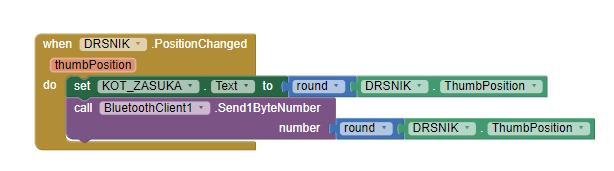 text to in na koncu dodamo pod razdelkom drsnika možnost DRSNIK.ThumbPosition. Pod ta del vstavimo možnost call.bluetoothclient1.send1bytenumber. To možnost poiščemo pod razdelkom bluetoothclient.