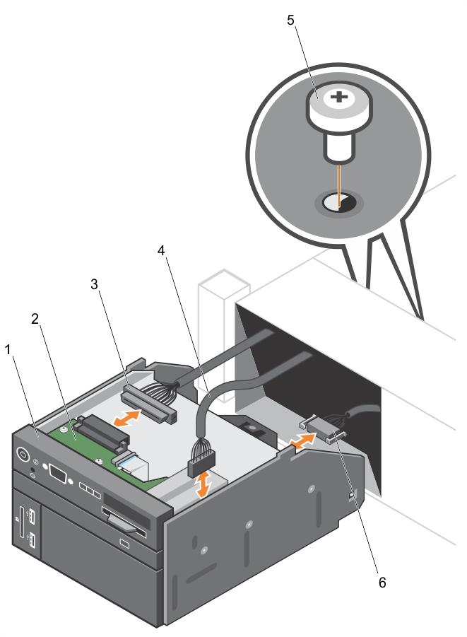 Skica 44. Odstranjevanje in nameščanje nadzorne plošče sistem z 2,5-palčnim trdim diskom PowerEdge R730 1. Nadzorna plošča 2. nadzorna plošča 3. priključni kabel nadzorne plošče 4.