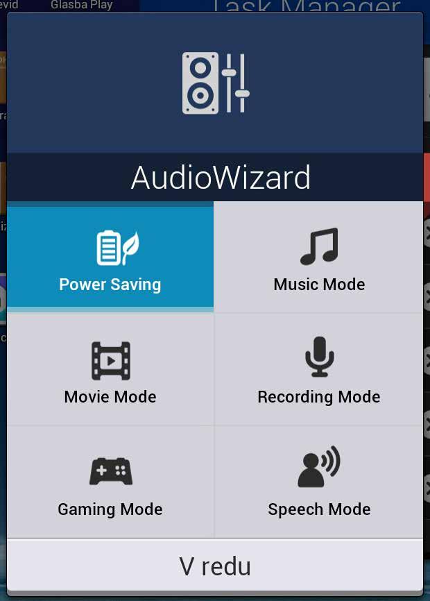 AudioWizard S programom AudioWizard lahko prilagajate zvočne načine naprave Tabličnega računalnika ASUS za čistejši zvok, ki ustreza dejanskim pogojem uporabe.